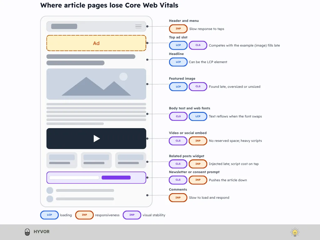Diagram of an article page with labels for the images, ads, fonts and embeds that affect Core Web Vitals